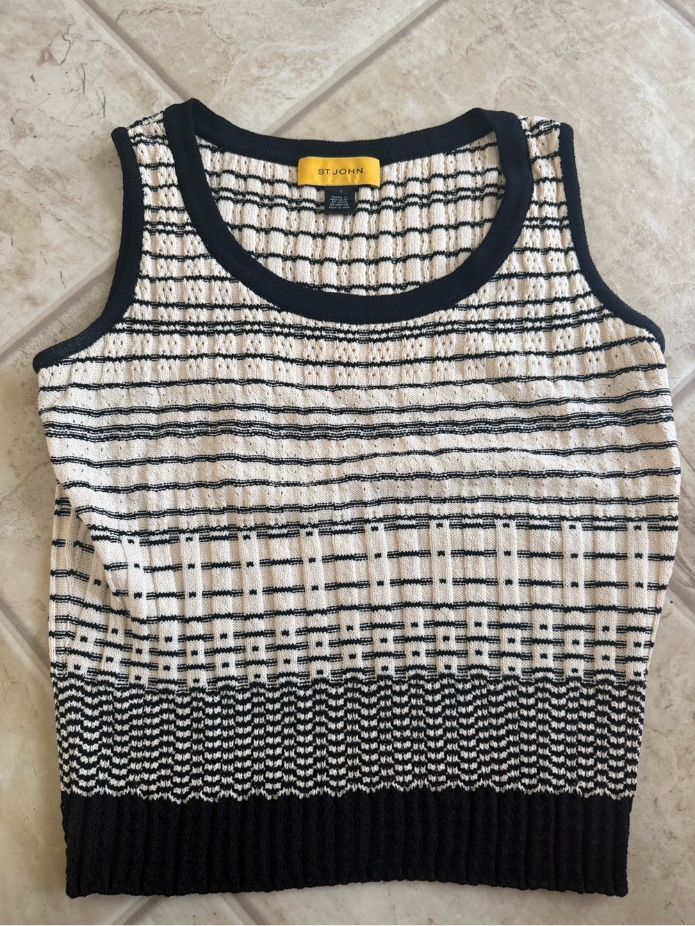 St. John Black and Cream Striped Knit Tank
